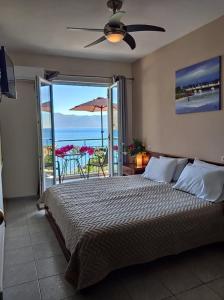 阿依亚埃夫菲亚巴拉斯公寓的一间卧室设有一张床,享有海景