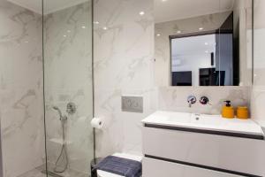 海若克利欧Emfasis Loft Spacious and Elegant Heraklion的一间带水槽和淋浴的浴室