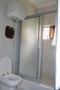 Oko Sombo3A's Guest House的带淋浴、卫生间和玻璃淋浴间的浴室
