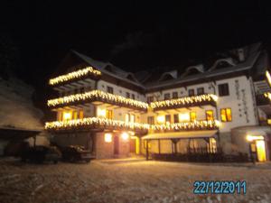 博尔沙Hotel Victoria的一座在晚上有灯的大建筑