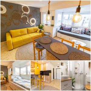 萨拉热窝FestivalStreet Apartment的客厅配有黄色的沙发和桌子