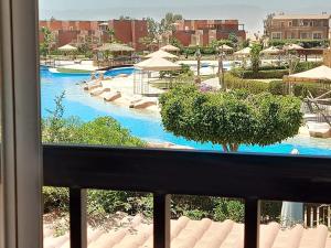 艾因苏赫纳Marina Wadi Degla Villa Duplex 4 Bedrooms的阳台享有游泳池的景致。