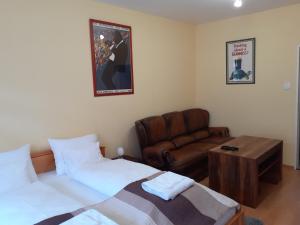 杰尔Macskafogo, tunderi szallas a belvarosban的一间卧室配有一张床、一张沙发和一张桌子