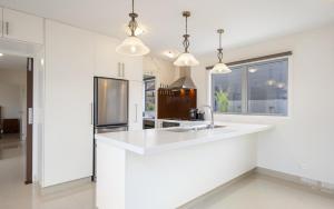 陶波Luxury Retreat with Swim Spa的白色的厨房配有水槽和冰箱