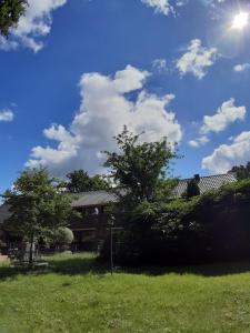 索尔陶Pension Im Rehwinkel的天空中阳光的院子中的房子