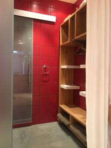 科隆bel xanto的浴室铺有红色瓷砖,配有淋浴。