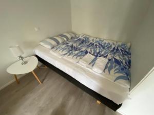 罗瓦涅米Cosy studio apartment - perfect for your stay in Rovaniemi!的一张带蓝色和白色棉被的床和一张桌子