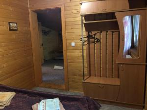 沃罗赫塔Skarbivka的一间设有镜子的房间和一张位于房间的床