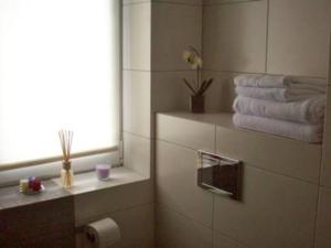 Wiśniówka MałaLeśna Villa的浴室提供毛巾、窗户和卫生纸。