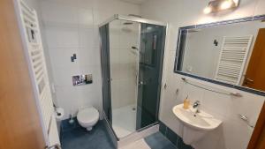 纳梅斯托沃Port Club pension & restaurant的带淋浴、卫生间和盥洗盆的浴室