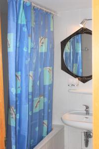美因河畔法兰克福Hotel zur Post Schwanheim的浴室设有淋浴帘、水槽和镜子