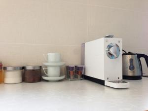 佩奇STM3旅馆的厨房柜台配有咖啡壶和其他电器