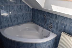 茨魏布肯FERIENHAUS FISCHER的蓝色瓷砖浴室设有浴缸