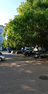 巴尔Apartman Savić的路边停车场,有车停放