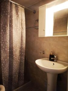 斯陶帕Lithino Villas的一间带水槽和淋浴帘的浴室