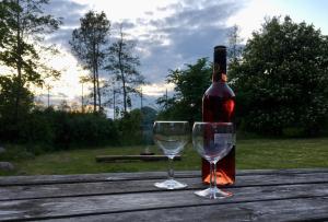 福堡Korinth Kro Hostel的木桌旁的一瓶葡萄酒和两杯酒