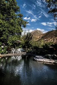 Río BlancoCasona El Resguardo - Solo Adultos的一座水池,两把白色椅子和树木