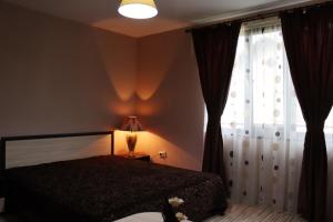 萨帕雷瓦巴尼亚GREEN HOUSE - Попниколови的一间卧室设有一张床和一个大窗户
