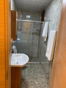 乌宗Danis Motel的带淋浴和盥洗盆的浴室