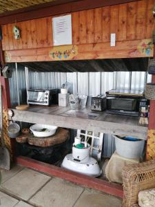 Saint-Félix-d'OtisHebergement Cerfs-Tifie fermette的厨房配有带锅和微波炉的柜台