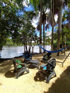 巴雷里尼亚斯Chalé Marinas的水边海滩上的四把椅子和吊床