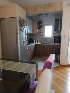 斯普利特维索卡公寓的厨房配有不锈钢冰箱和紫色椅子