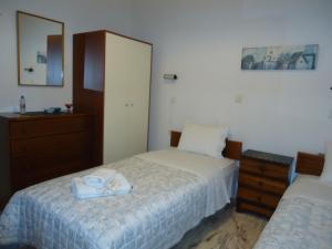 卢特拉伊帕蒂斯Ενοικιαζόμενα δωμάτια "ΟΛΓΑ"的一间卧室配有两张床、一个梳妆台和镜子