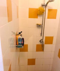 姆布尔CarthagŌ的浴室设有黄色和白色瓷砖淋浴。