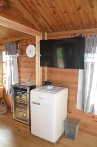 Sankt Johann im SaggautalFerienhaus Andrea的客房设有冰箱和平面电视。