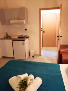 帕拉利亚狄奥尼索叶莱妮酒店的客房设有带毛巾的厨房和床上