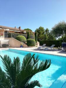 卡尔卡松L’Antre d’Eux的一座房子前面的游泳池,上面有棕榈树