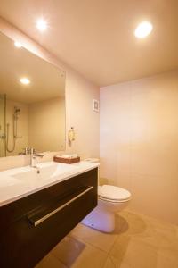 皇后镇克兰伯里苑公寓式酒店的一间带卫生间、水槽和镜子的浴室