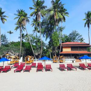 亭可马里Blue Sand Beach Resort的海滩上一排红椅子和蓝伞