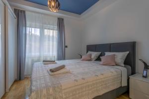 普拉Arena Blue Dream - modern apartment with terrace的一间卧室设有一张大床和大窗户