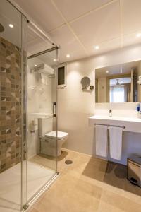 马拉加宙斯酒店的带淋浴、卫生间和盥洗盆的浴室