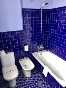 马尔皮卡丰泰弗莱尔酒店的蓝色瓷砖浴室设有卫生间和浴缸