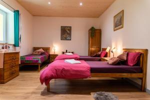 雄济耶Sanskriti的一间卧室配有两张带粉红色毯子的床