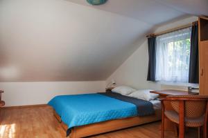 博格泽利卡Dom Gościnny "Satori"的一间卧室配有一张带蓝色毯子的床和窗户。