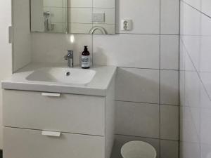 DyrvikHoliday home Dyrvik IV的白色的浴室设有水槽和镜子