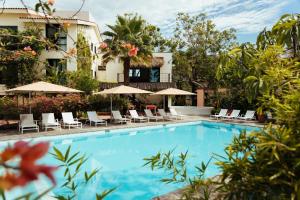 巴亚尔塔港San Trópico Boutique Hotel & Peaceful Escape的酒店前的游泳池配有椅子和遮阳伞