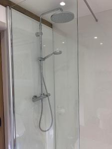 怀特帕里施牛顿农庄酒店的浴室里设有玻璃门淋浴