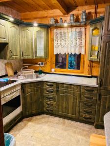 格雷德克纳德纳杰姆格罗德克小木屋的厨房配有木制橱柜、水槽和窗户。