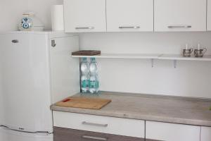 格丁尼亚Jednopokojowe mieszkanie w centrum Gdyni的厨房配有白色橱柜和白色冰箱。