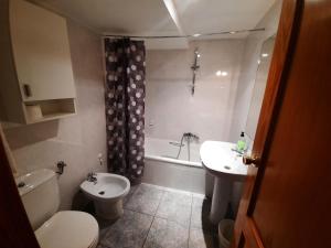 阿尔巴塞特阿尔巴旅馆的浴室配有卫生间、盥洗盆和浴缸。