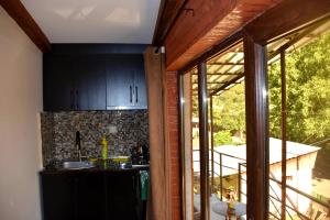 博尔若米Guest House Metreveli的厨房配有黑色橱柜,享有庭院的景致。