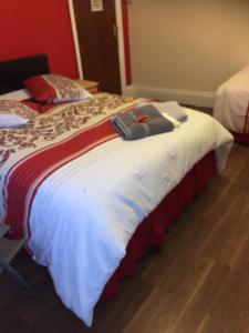斯劳Nights Inn的一张带红白毯子的大床