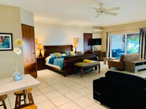 棕榈滩阿鲁巴日落海滩一室公寓酒店的一间卧室设有一张床和一间客厅。