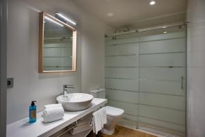 罗萨斯Apartamentos Roses Platja的一间带水槽、卫生间和镜子的浴室