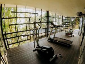 古晋涵洞度假村的健身房设有两台跑步机和大窗户