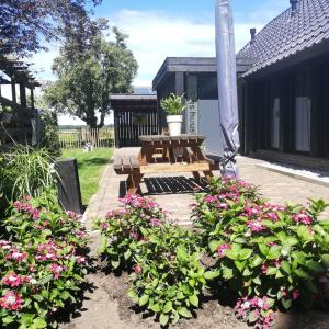 Noord-Sleenons huusie的庭院设有木凳和粉红色的鲜花
